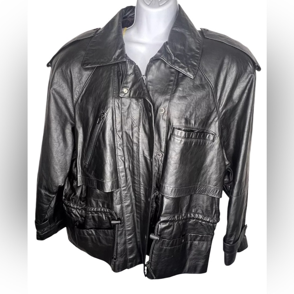 Vintage Retro Funnel Neck Cinched Waist Leather Jacket
